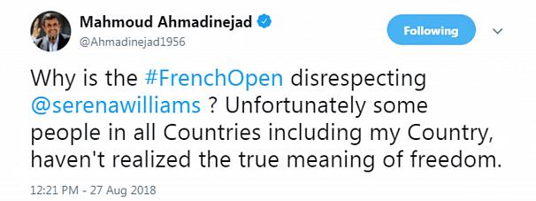 انتقاد احمدی‌نژاد به ممنوعیت پوشش تنیس باز زن آمریکایی!